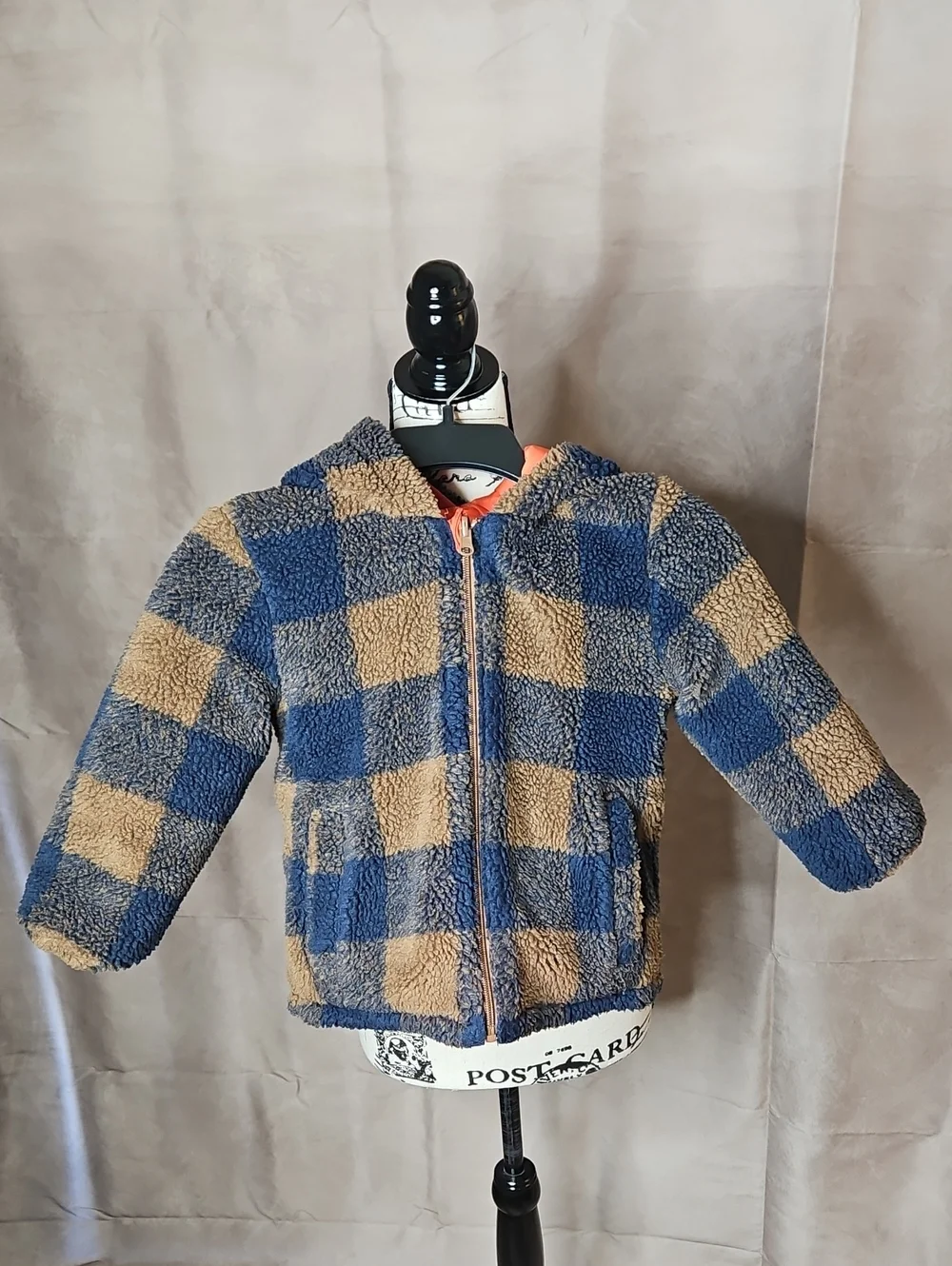 Catimini Kids Reversible Coat Orange Nylon/ Brown Plaid Sherpa Size 5 Hooded